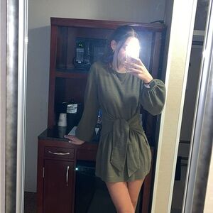 Green Long Sleeve Wrap Dress